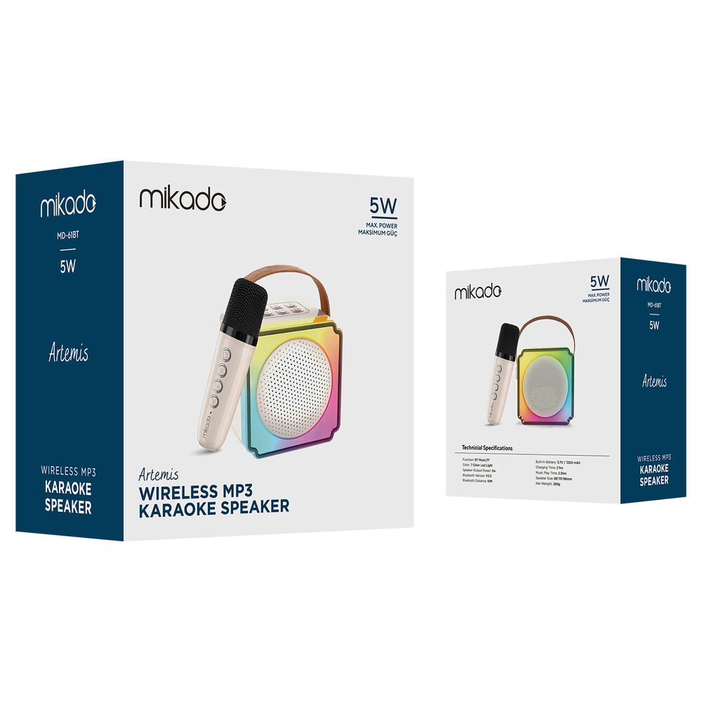 Mikado MD-61BT Artemis Krem TF Kart+USB+Bluetooth Destekli Wireless Karaoke Mikrofonlu 1200mAh Taşınabilir Speaker