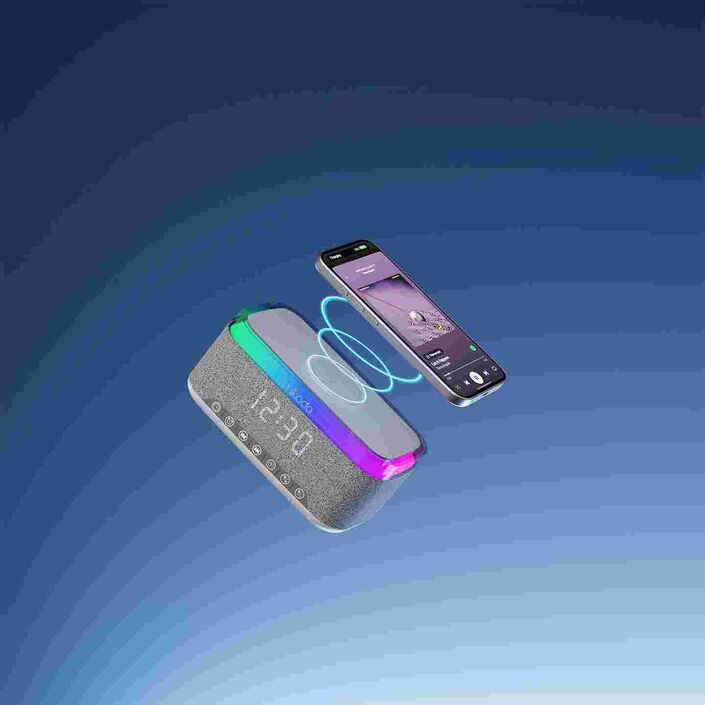 Mikado - Mikado MD-W8 1200mAh 10W Gri BT,FM,USB,Kablosuz Şarjlı RGB-Gece Lambası Özellikli Alarmlı Saat Speaker